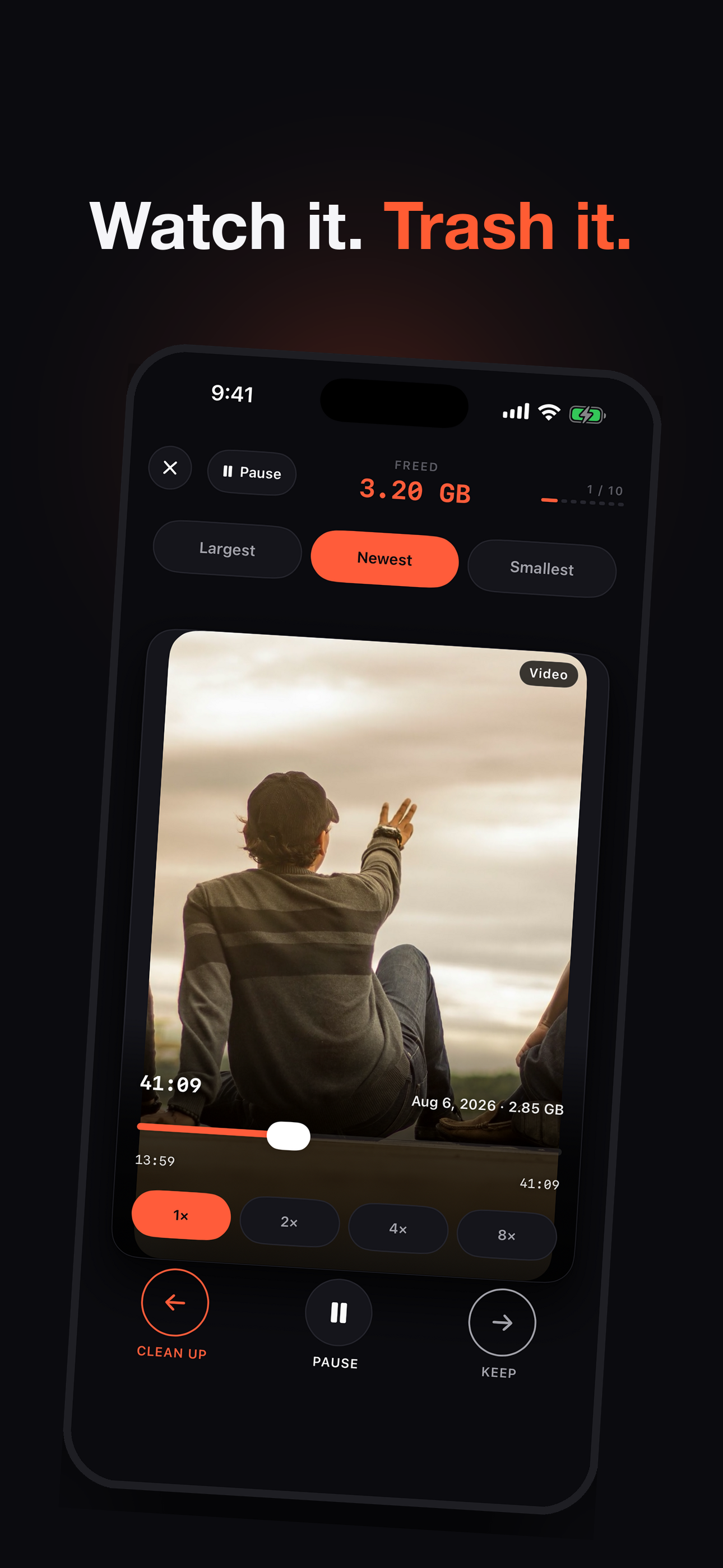 Watch it, trash it — a video playing on the swipe card with scrubber and speed controls