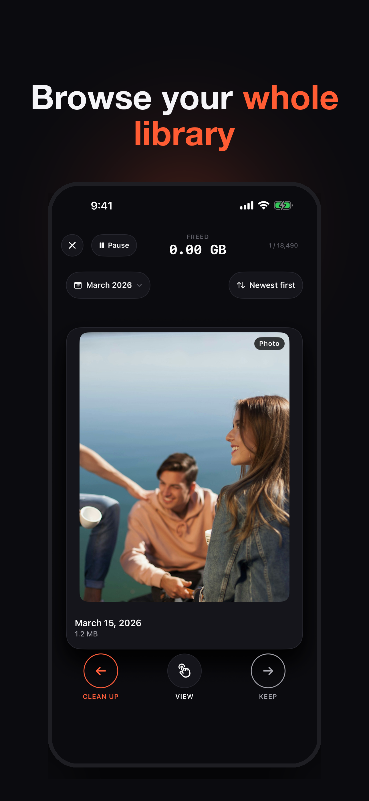 Browse your whole library — one photo at a time, newest or oldest first, with the month you are in