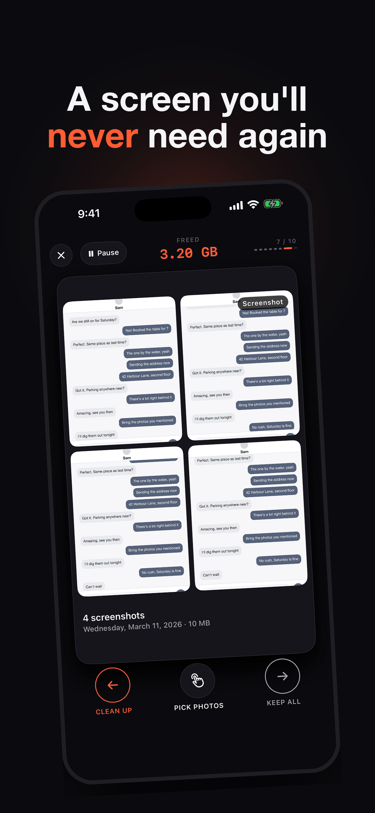 A screen you'll never need again — four screenshots of the same conversation, grouped